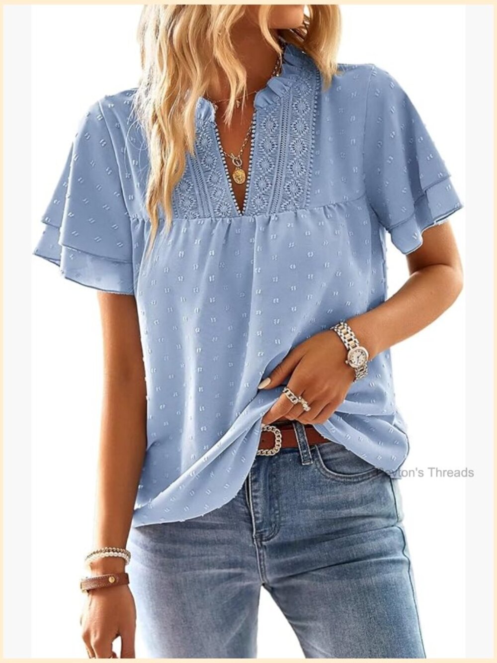 Womens Butterfly Sleeve V Neck Blouse Swiss Dot Ruffle Short Sleeve Top